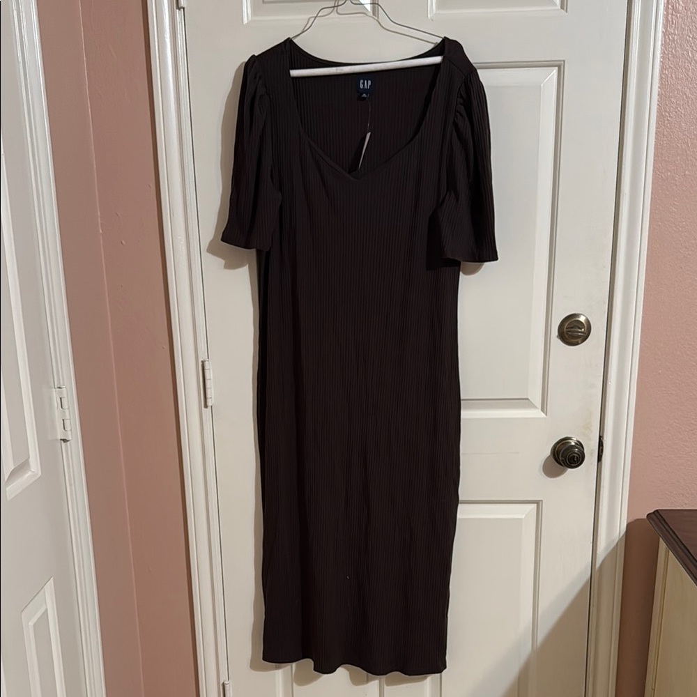 GAP Dark Mocha Brown Ribbed Short Sleeve Midi Dress